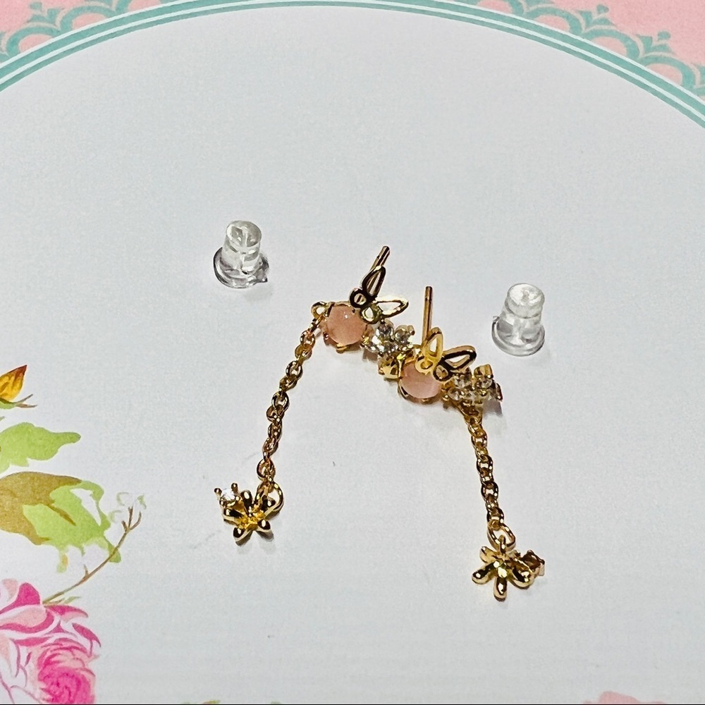 Pink Crystal Ball Floral Garden Butterfly Gold Pierced Drop Chain Earrings 2pc - Picture 7 of 10